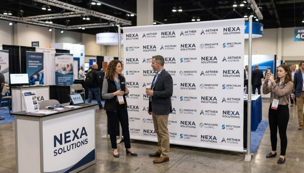 8x8 step and repeat banner displayed at a professional trade show