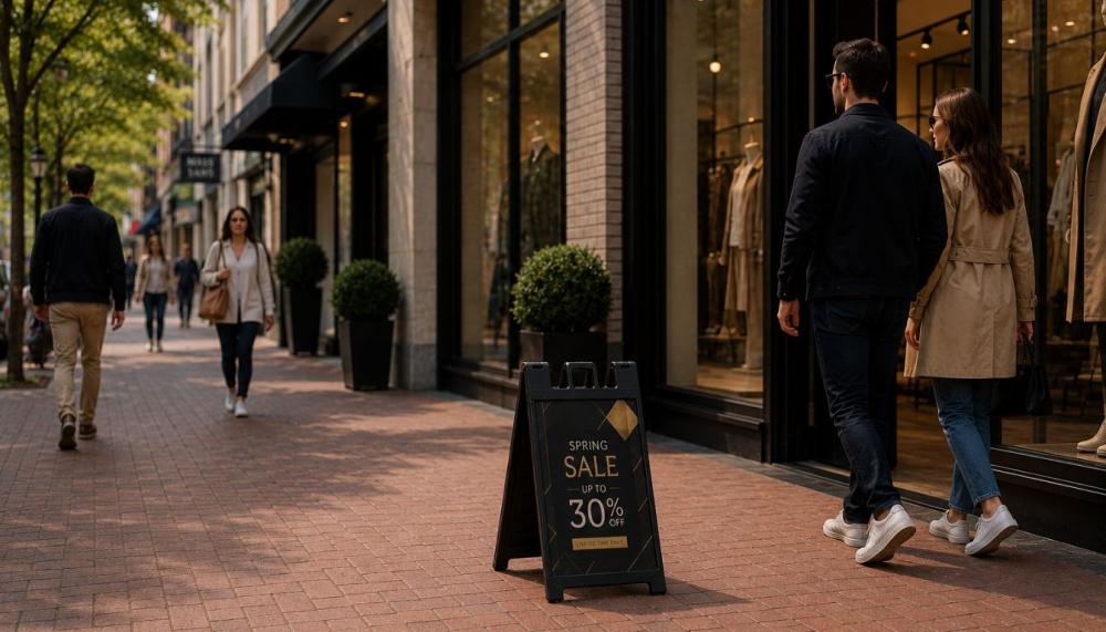 A-frame sign maximizing visibility from both directions on a brick sidewalk