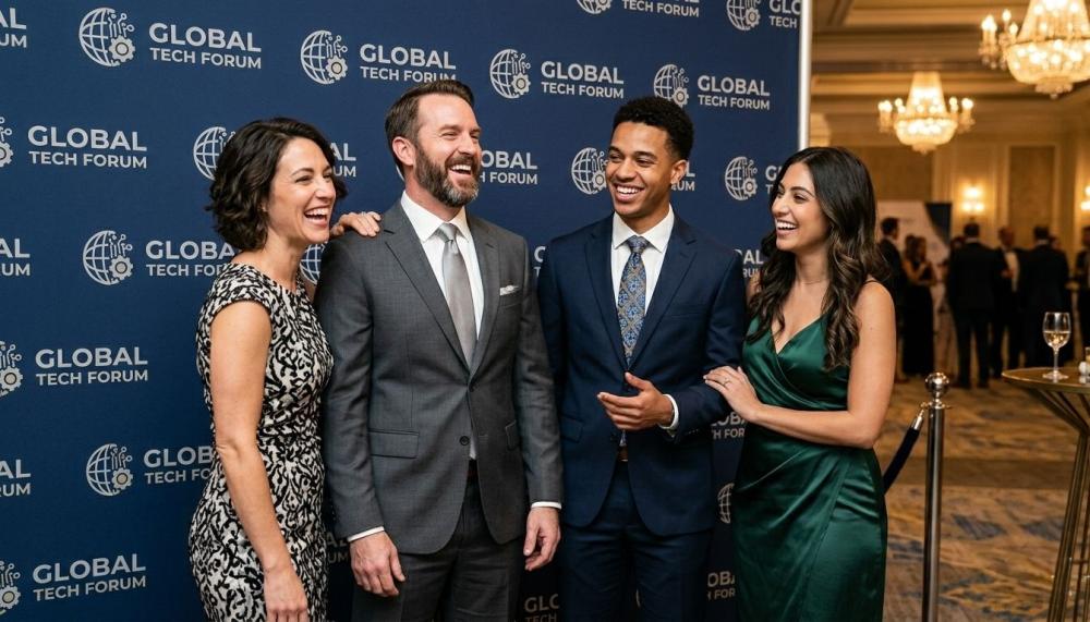 A diverse group of business professionals posing for a photo