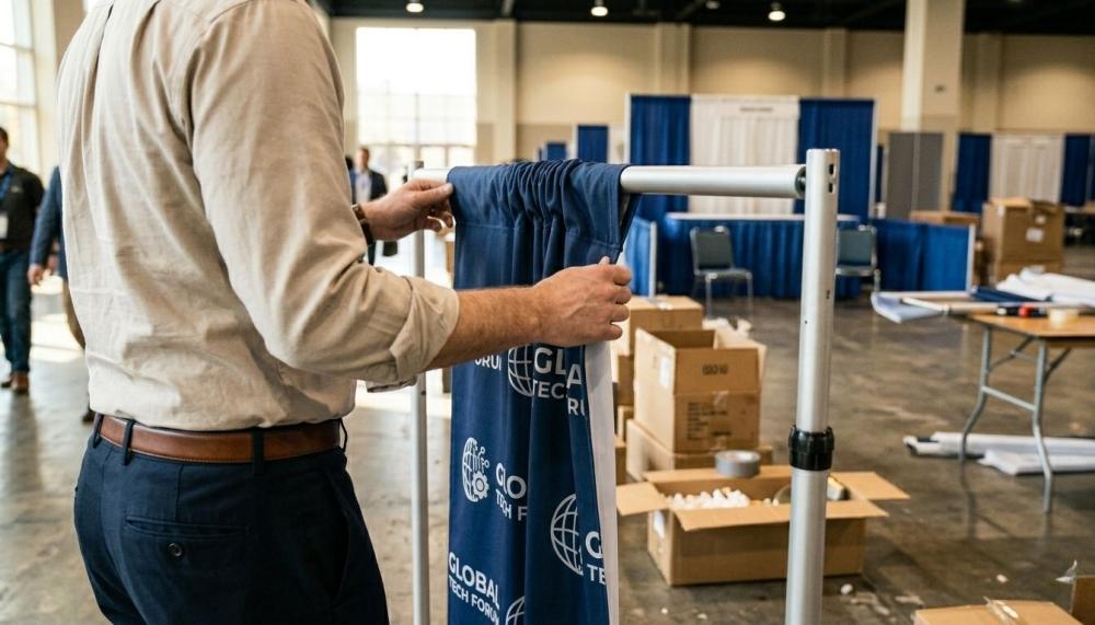 A person easily assembling a custom step and repeat 8x8 banner