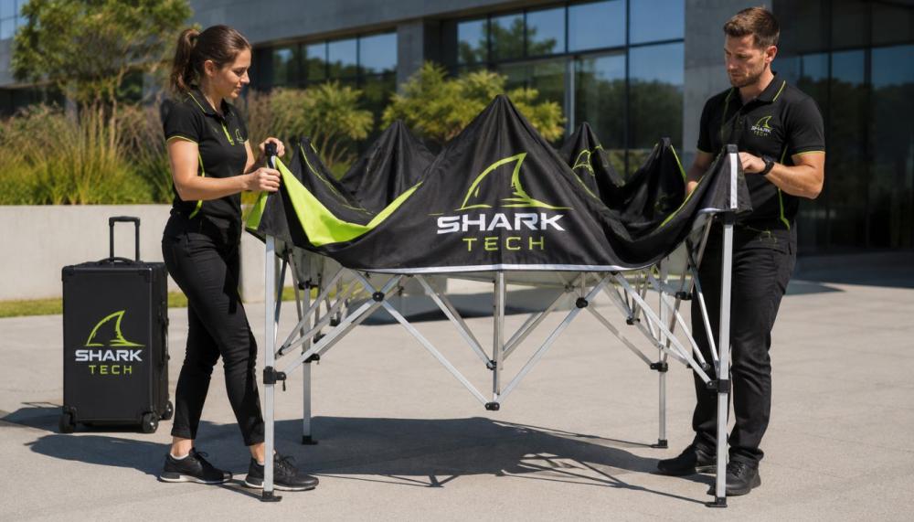 A realistic photo of a marketing team setting up a custom canopy tent