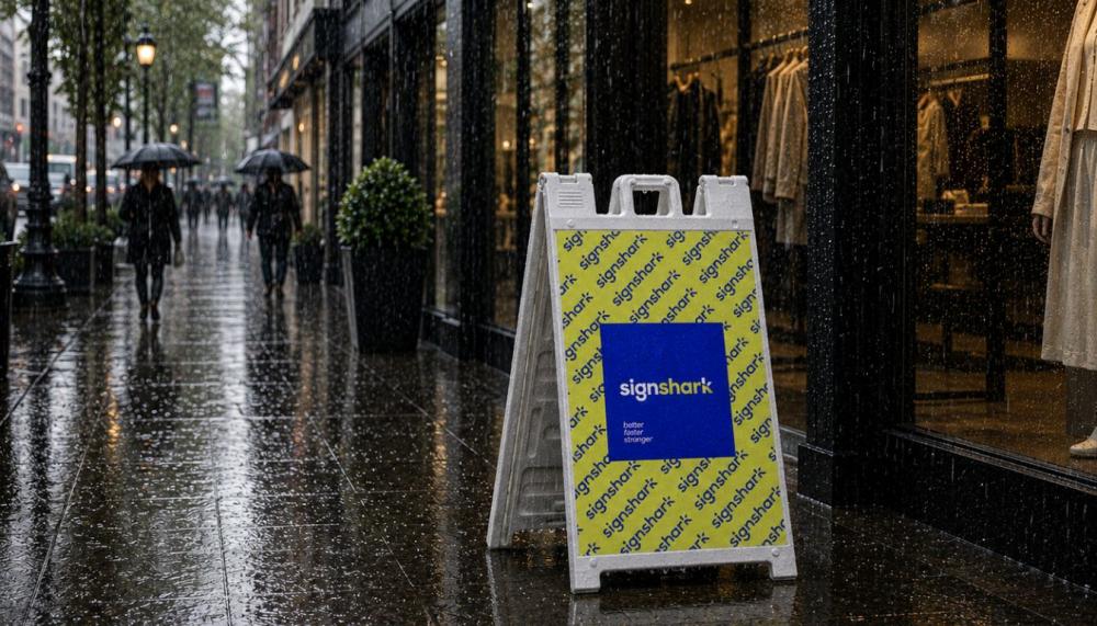 A waterproof, rust-resistant iron outdoor A-frame sidewalk sign standing stable