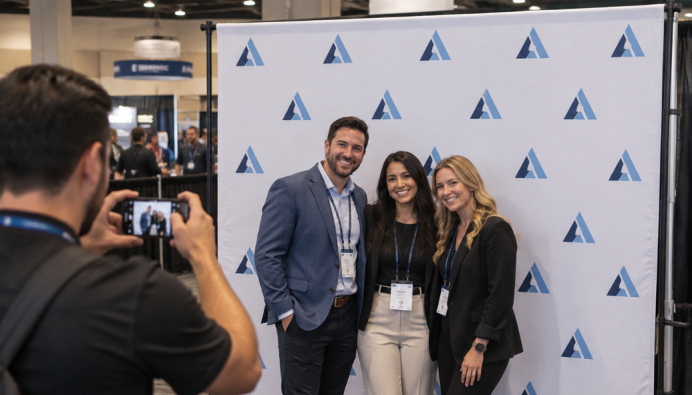 Attendees taking photos in front of a matte step-and-repeat trade show backdrop