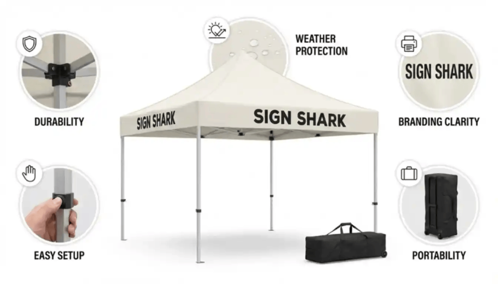 Close-up of 600D polyester custom canopy fabric and heavy-duty steel frame construction