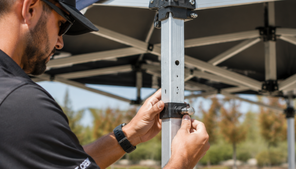 Close-up of event staff adjusting a heavy-duty commercial aluminum frame