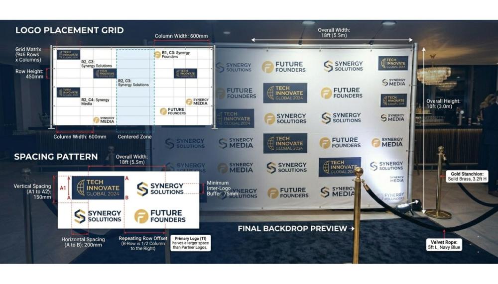 Close up of Custom Step and Repeat backdrop showing clear logo visibility