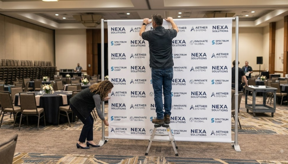Event staff setting up an 8x8 step and repeat banner and aluminum stand
