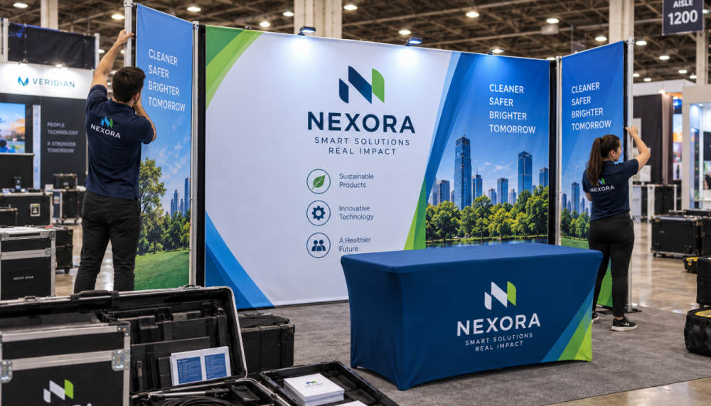 Exhibitor team organizing booth supplies and display gear on a trade show floor