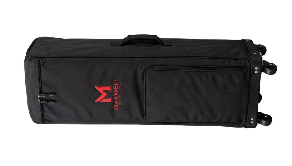 Heavy-duty black wheeled transport bag with reinforced handles holding