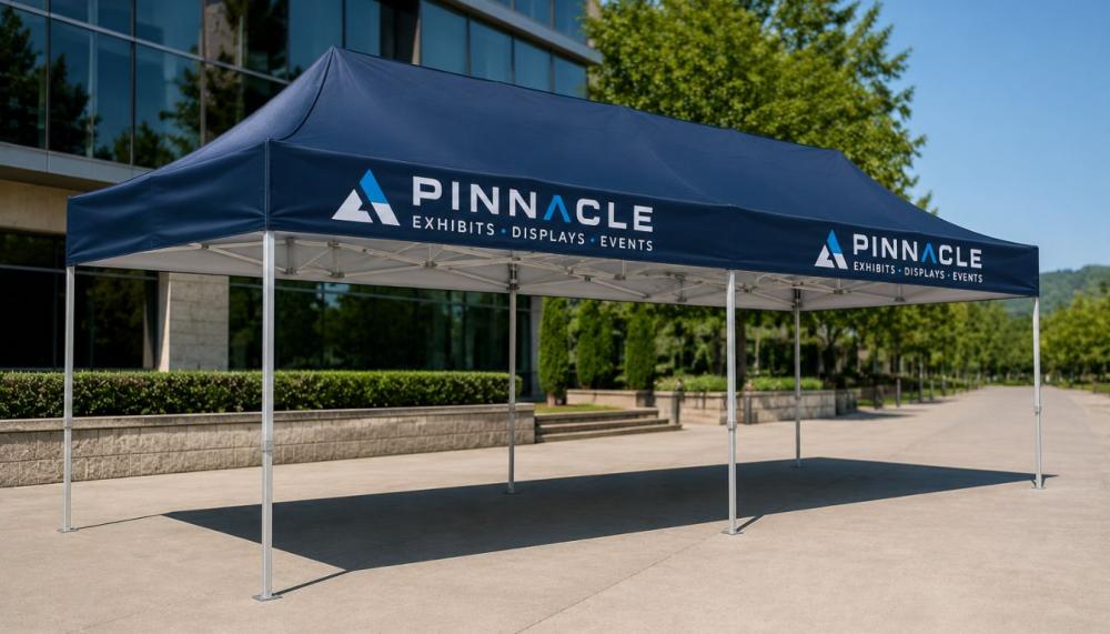 Large 10x20 custom canopy tent with blue dye-sublimated branded graphics