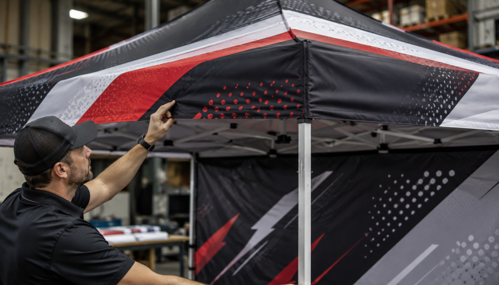 Professional checking full-color printing on a custom 10x10 canopy tent