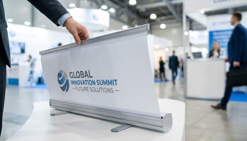 Pulling up roll up banner graphic on retractable banner stand