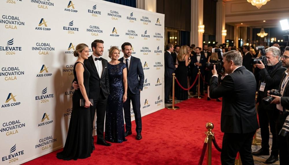 Step and Repeat backdrop at a red carpet event with visible logos for branding