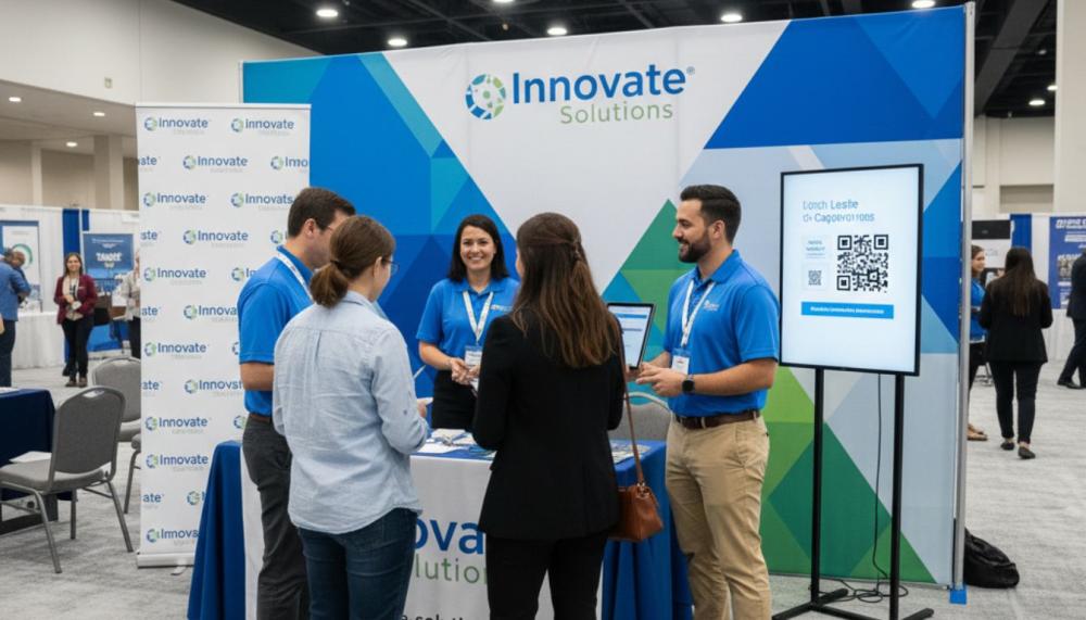 Trade show booth lighting setup highlighting custom display graphics