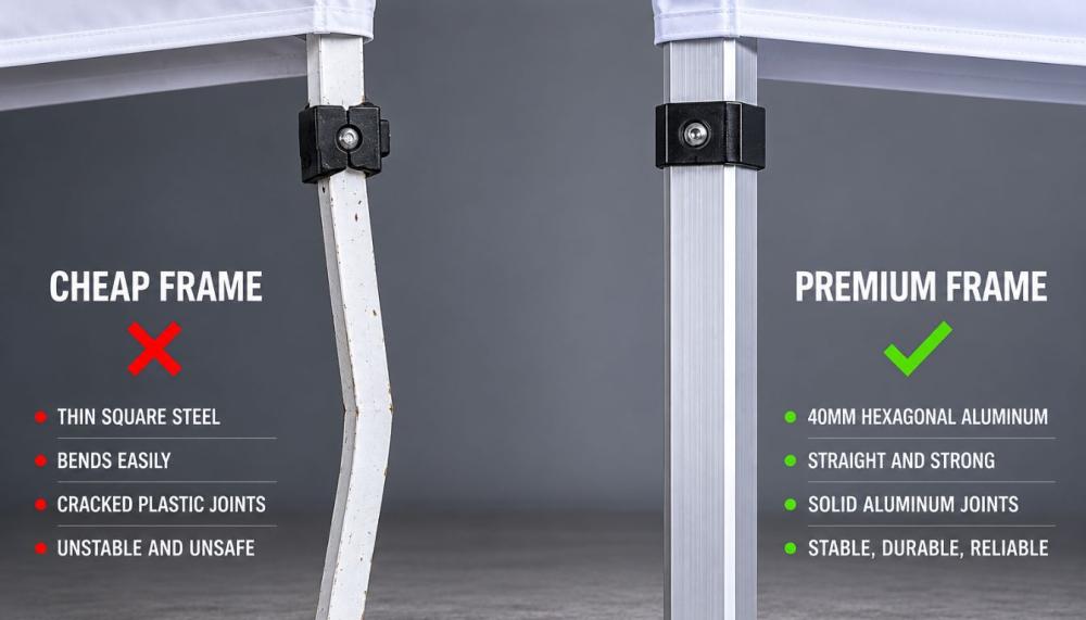 comparison of a flimsy retail square steel tent