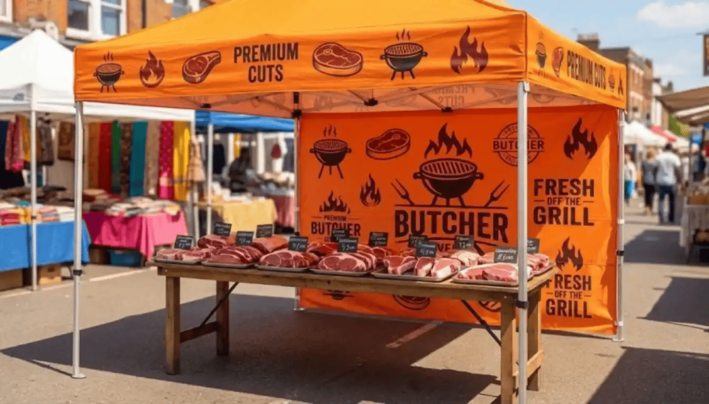 Custom 10x10 canopy tent with full-color branding at outdoor trade show event