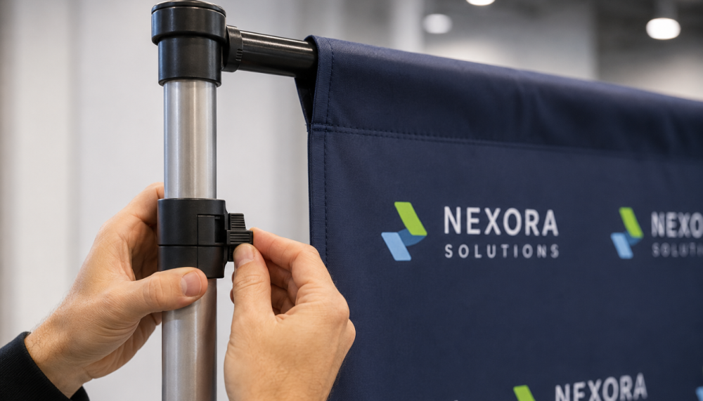 Close-up of hands adjusting a locking collar on an adjustable telescoping aluminum frame pole for a 10x8 banner stand