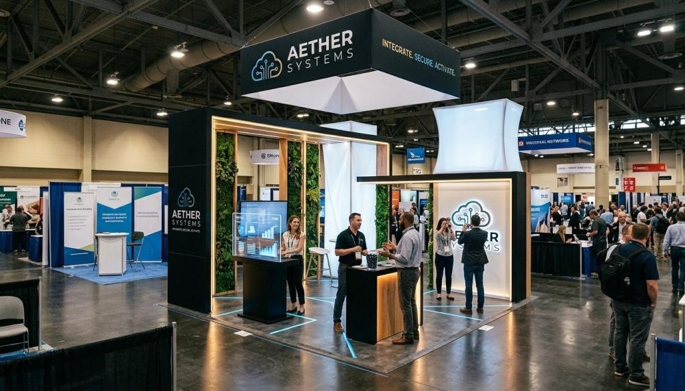 busy convention floor showing a sophisticated Custom Trade Show Booth