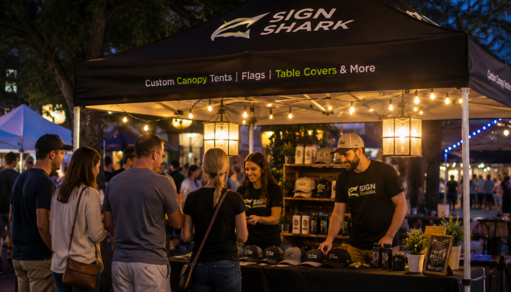 10x10 custom canopy tent at evening market with warm lighting