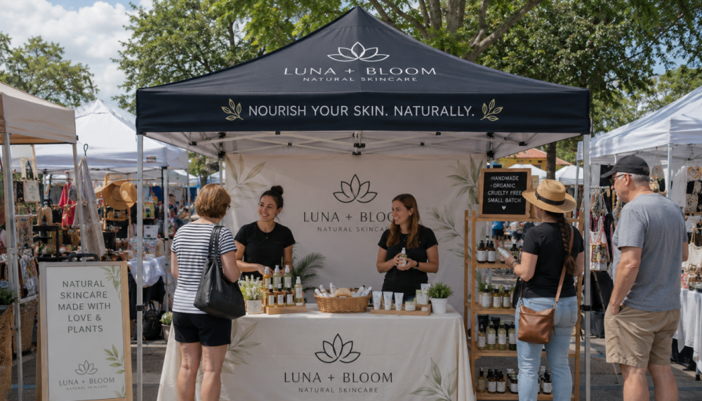 10x10 custom canopy tent setup for a small business market booth