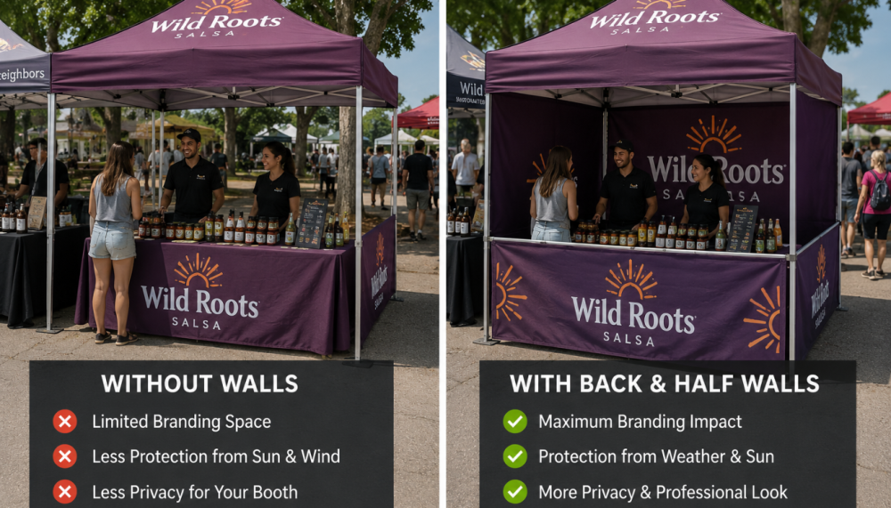 Custom canopy tent with back wall and half walls at a small business event