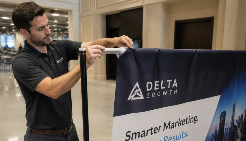 Marketing professional easily assembling a custom trade show display